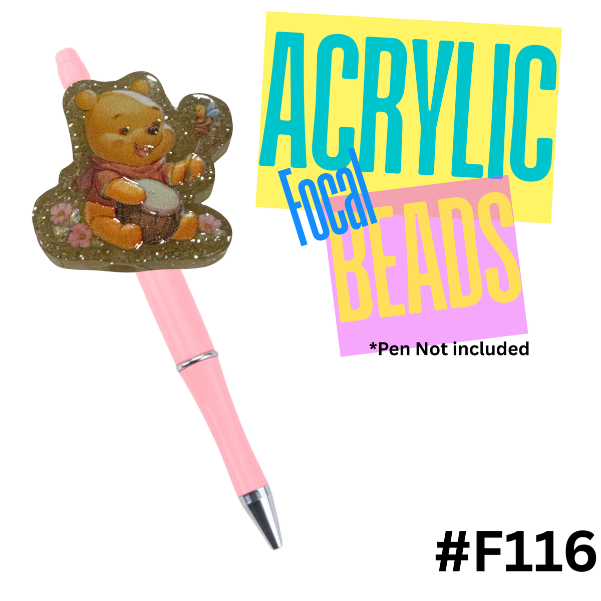 F116 Glitter Pooh Acrylic Focal Bead