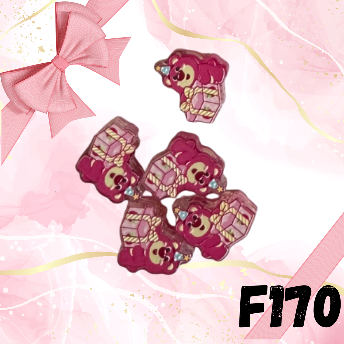 F170 Strawberry Bear with Present Acrylic Focal Bead