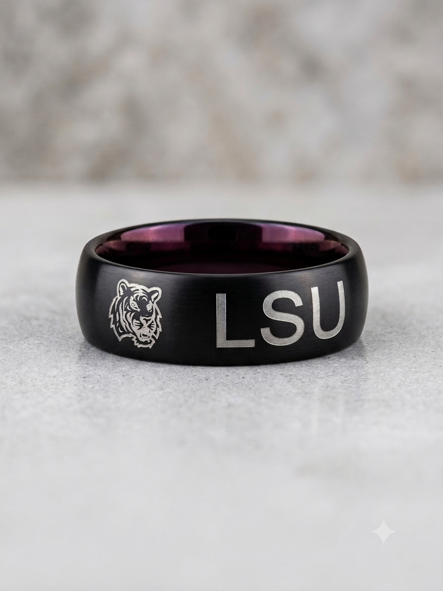 Bayou Boldness: Men's Matte Black & Purple "LSU Tigers" Laser-Engraved Band