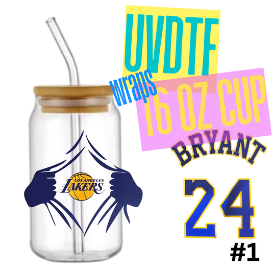 A 16 oz clear glass cup with a bamboo lid and clear straw, featuring a Los Angeles Lakers Kobe Bryant themed graphic. The graphic includes a 'tearing apart' shirt design with the Lakers logo, the text 'BRYANT', '24', and 'UVDTF wraps'.
