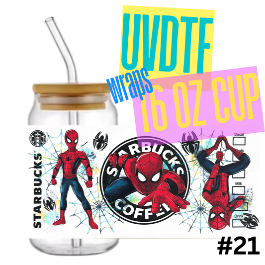 #2 Spiderman Starbucks 16oz Libby Glass Can UVDTF Wrap – Waterproof Ready-to-Apply Decal