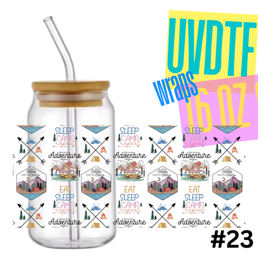 #23 Camping Adventure 16oz Libby Glass Can UVDTF Wrap – Waterproof Ready-to-Apply Decal (Copy)