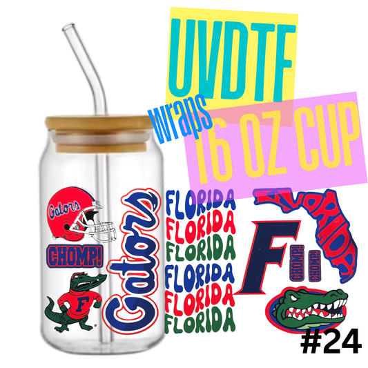 #24 Florida Gators 16oz Libby Glass Can UVDTF Wrap – Waterproof Ready-to-Apply Decal (Copy)