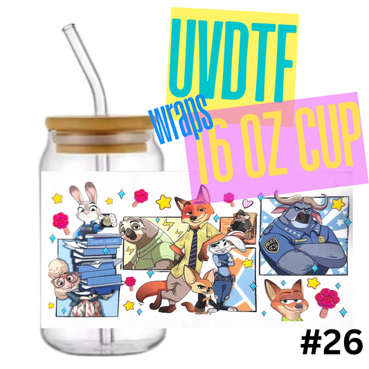 #26 Zootopia 16oz Libby Glass Can UVDTF Wrap – Waterproof Ready-to-Apply Decal