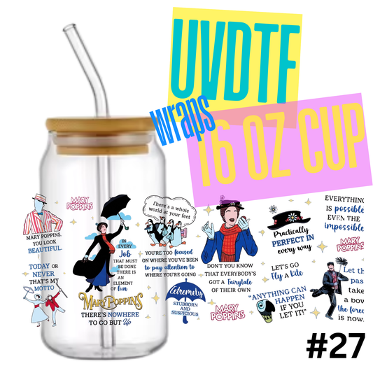 #27 Mary Poppins 16oz Libby Glass Can UVDTF Wrap – Waterproof Ready-to-Apply Decal