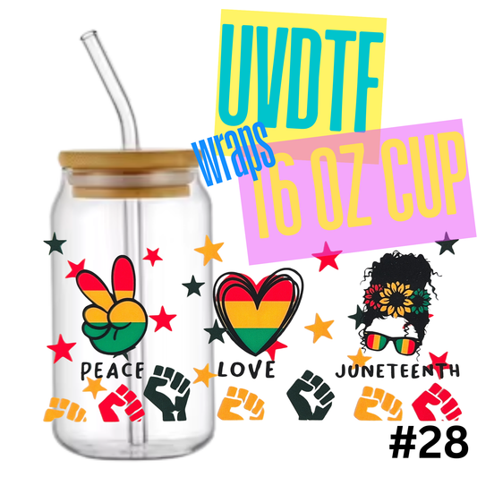 #28 Juneteenth 16oz Libby Glass Can UVDTF Wrap – Waterproof Ready-to-Apply Decal
