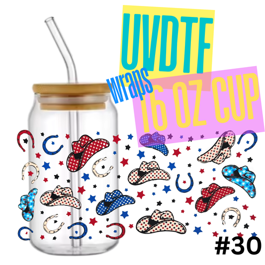 #30 Patriotic Cowgirl 16oz Libby Glass Can UVDTF Wrap – Waterproof Ready-to-Apply Decal