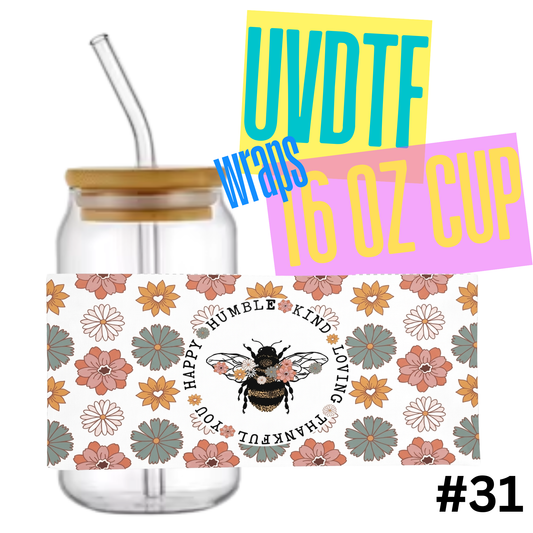 #31 Happy Humble Bee  16oz Libby Glass Can UVDTF Wrap – Waterproof Ready-to-Apply Decal (Copy)