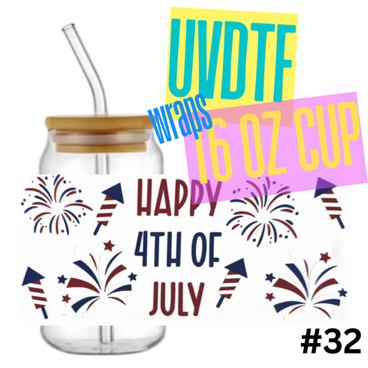 #32 Happy 4th of July  16oz Libby Glass Can UVDTF Wrap – Waterproof Ready-to-Apply Decal