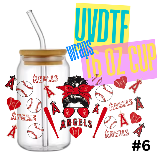 #6 Angels Baseball  16oz Libby Glass Can UVDTF Wrap – Waterproof Ready-to-Apply Decal