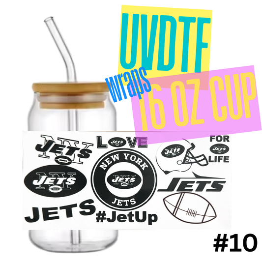 #10 New York Jets 16oz Libby Glass Can UVDTF Wrap – Waterproof Ready-to-Apply Decal