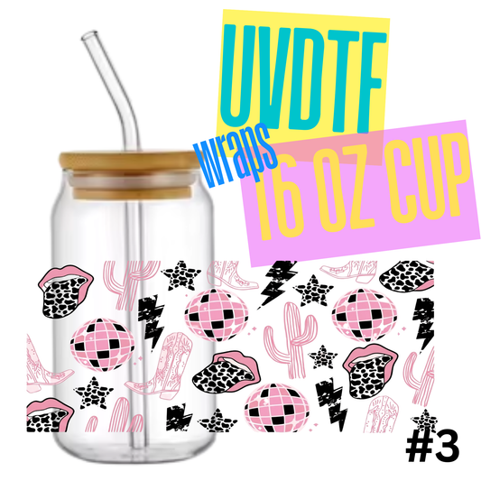 #3 Disco Cow Girl 16oz Libby Glass Can UVDTF Wrap – Waterproof Ready-to-Apply Decal (Copy) (Copy)