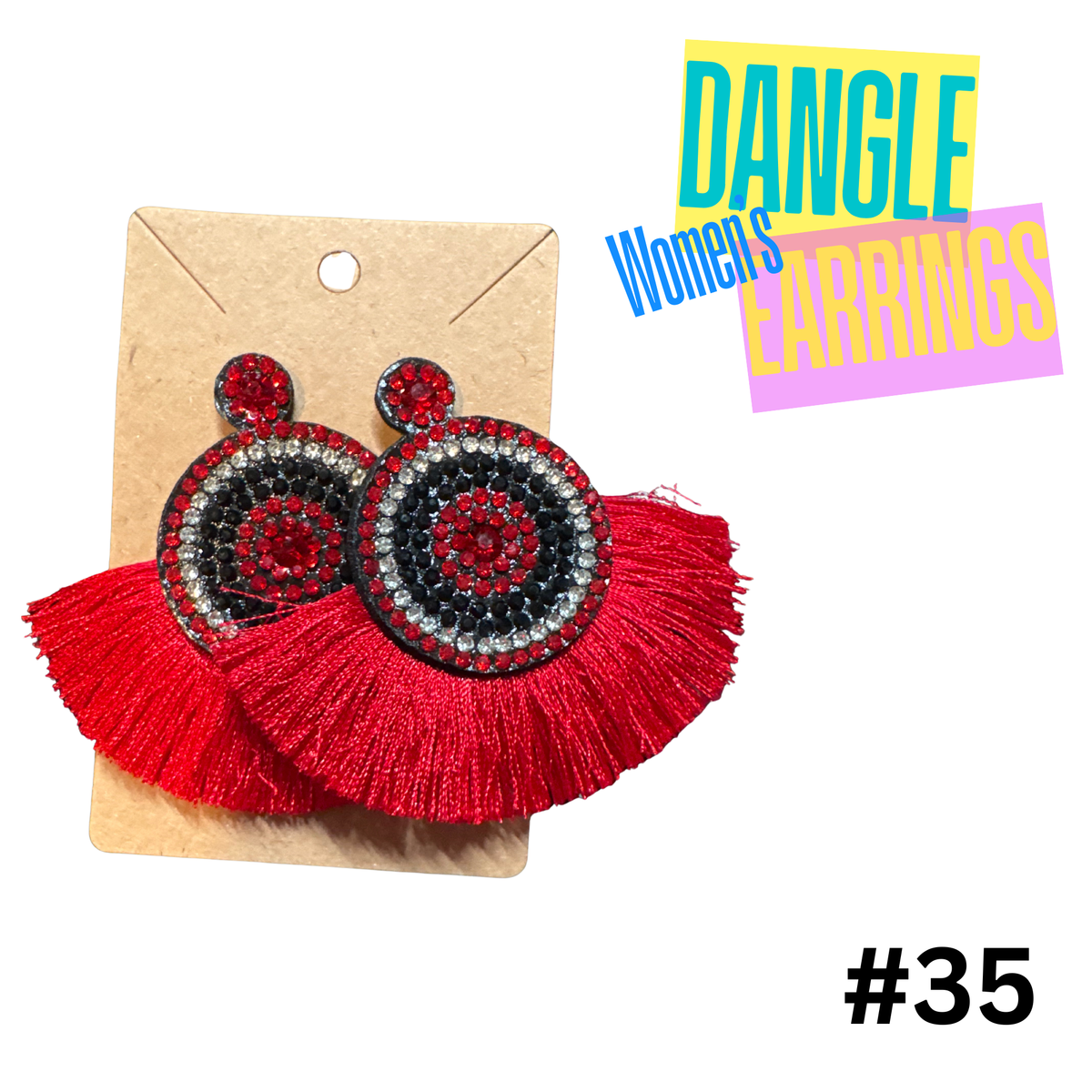 Earrings #35 - Red and Black - Rhinestone and Fringe Earrings