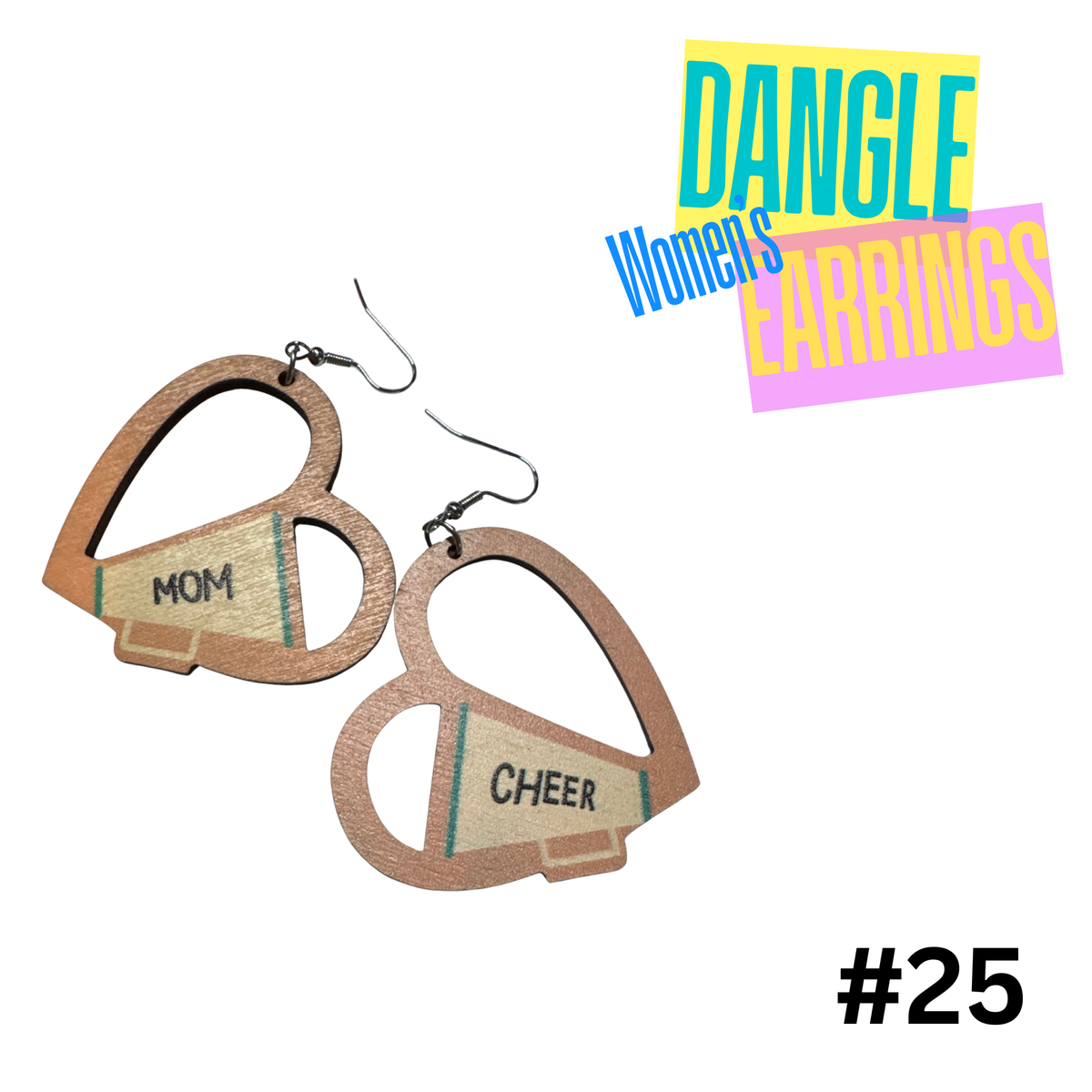 Earrings #25 Cheer Mom Wood Heart Earrings