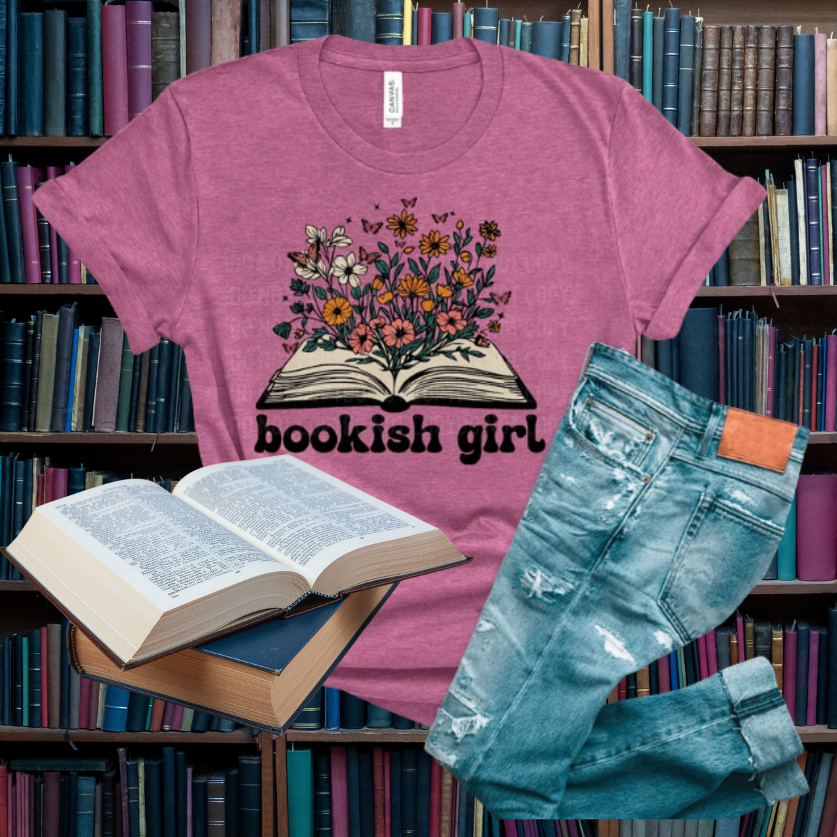 Bookish Girl with Flowers DTF Print Only