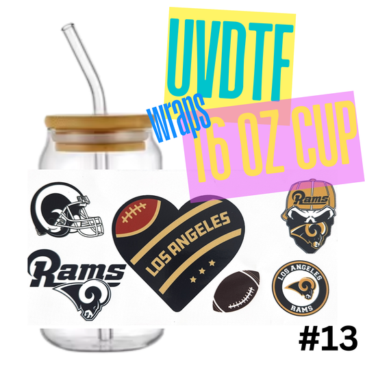#13 NFL LA RAMS 16oz Libby Glass Can UVDTF Wrap – Waterproof Ready-to-Apply Decal
