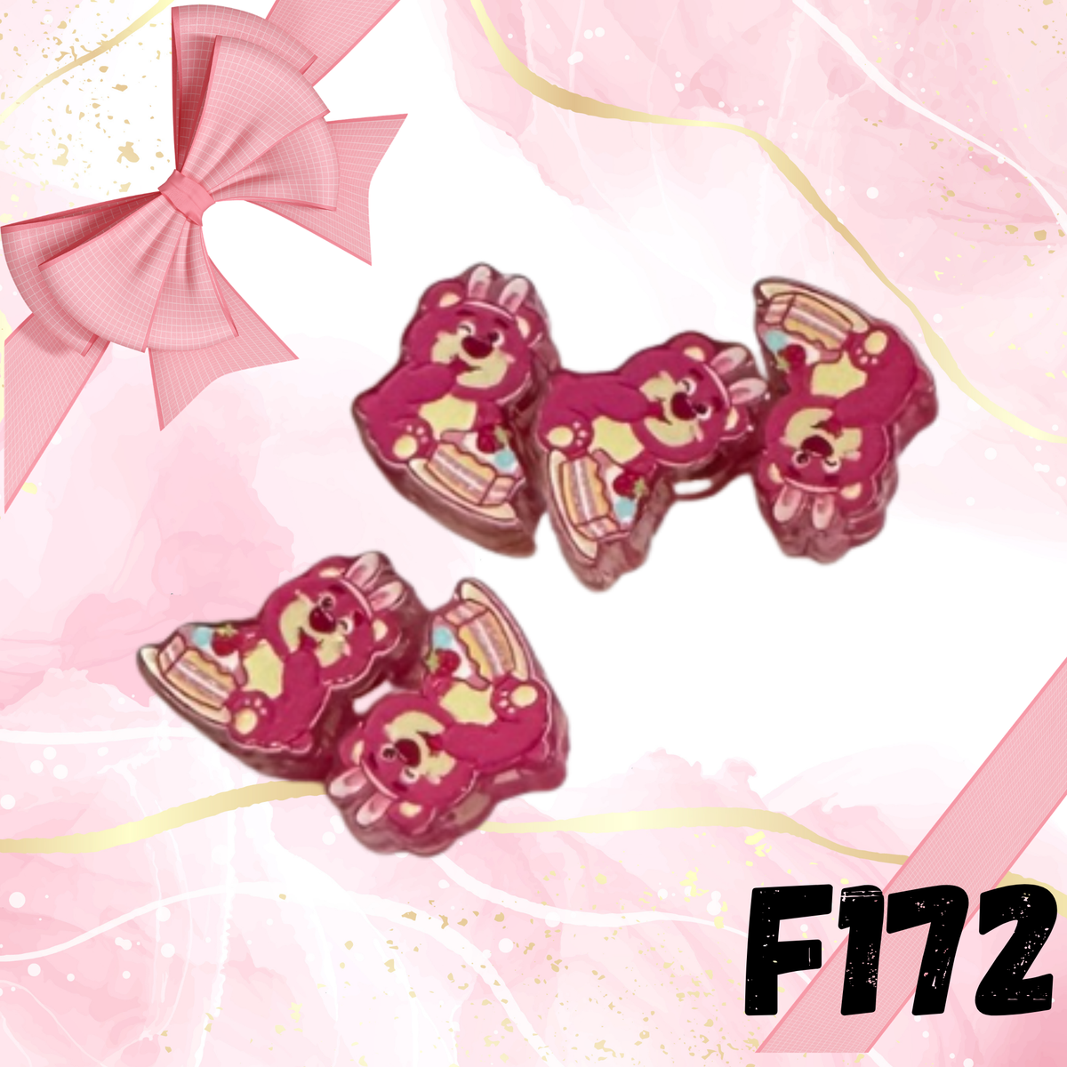 F172 Strawberry Teddy Bear with Cake Acrylic Focal Bead