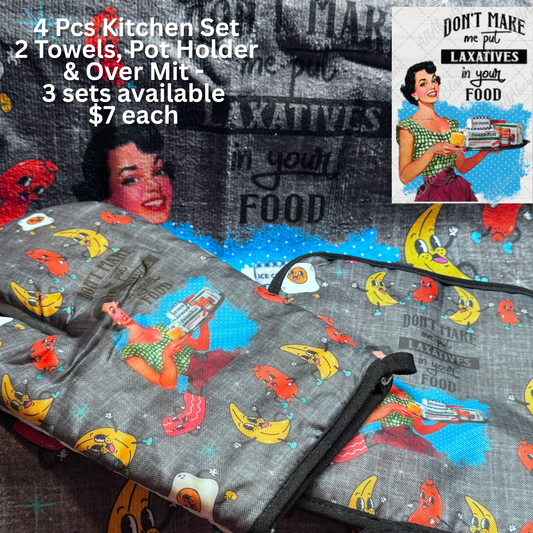 4 Pcs Kitchen Set 2 Towels, Pot Holder & Over Mit