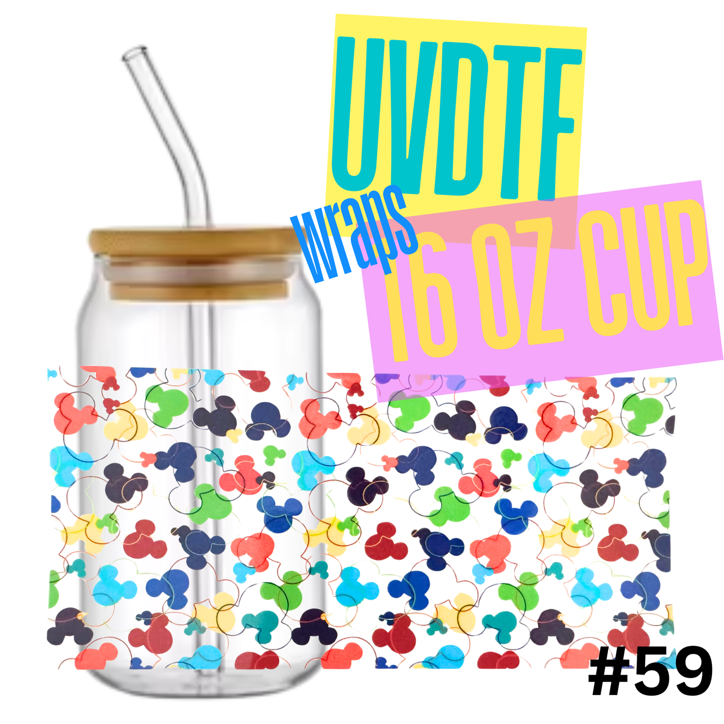 #59 Mickey Heads 16oz Libby Glass Can UVDTF Wrap – Waterproof Ready-to-Apply Decal