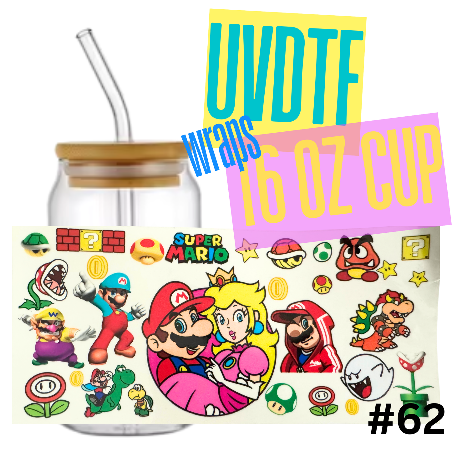 #62 Super Mario 16oz Libby Glass Can UVDTF Wrap – Waterproof Ready-to-Apply Decal