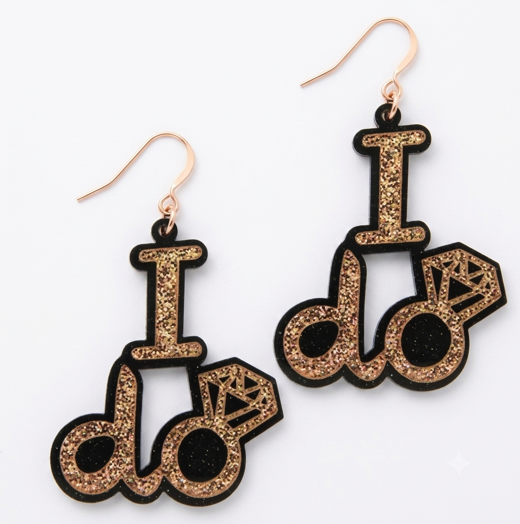 I DO Gold and Black acrylic earrings