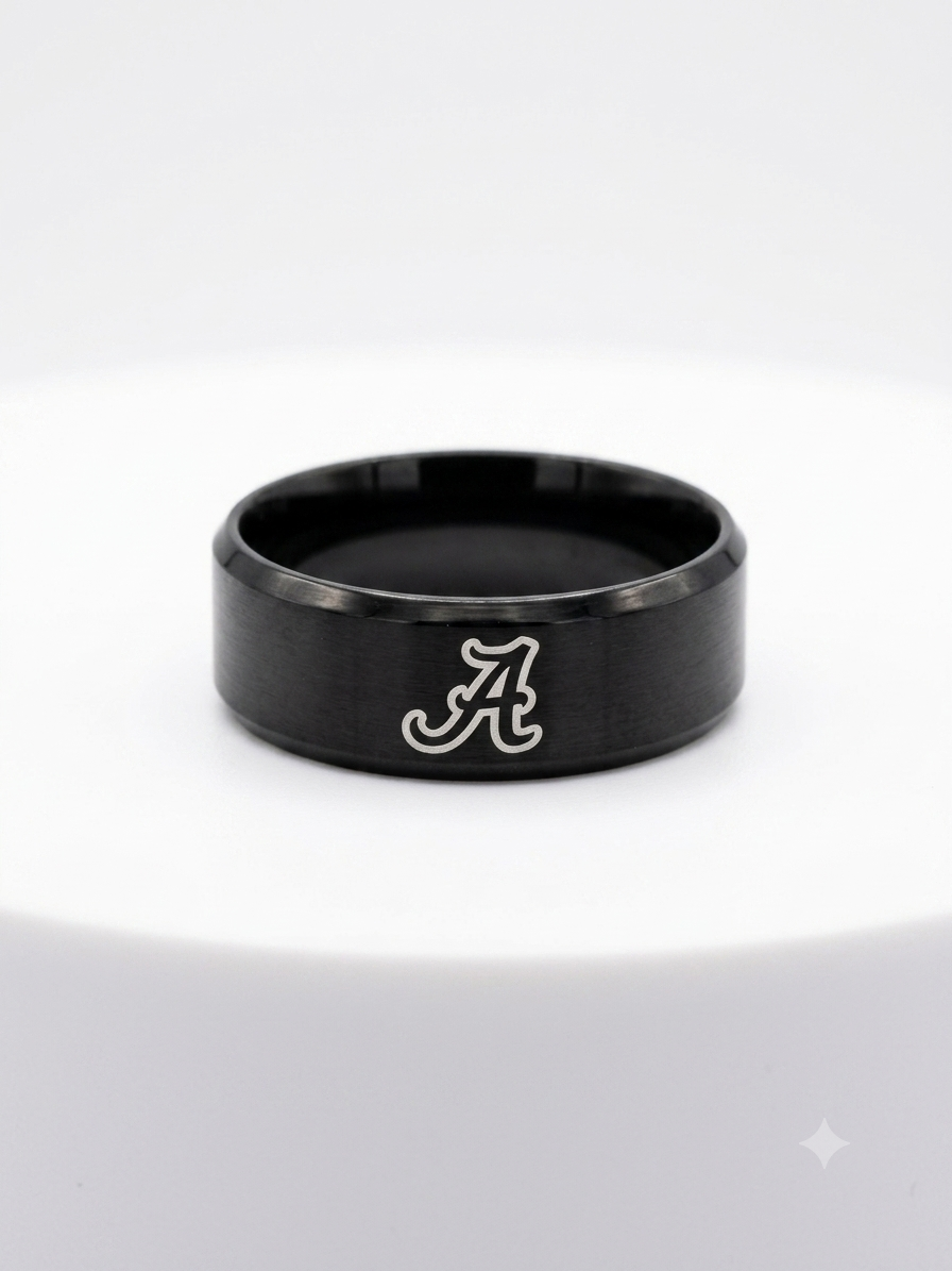 Crimson Classic: Men's Matte Black "Script A" Laser-Engraved Band