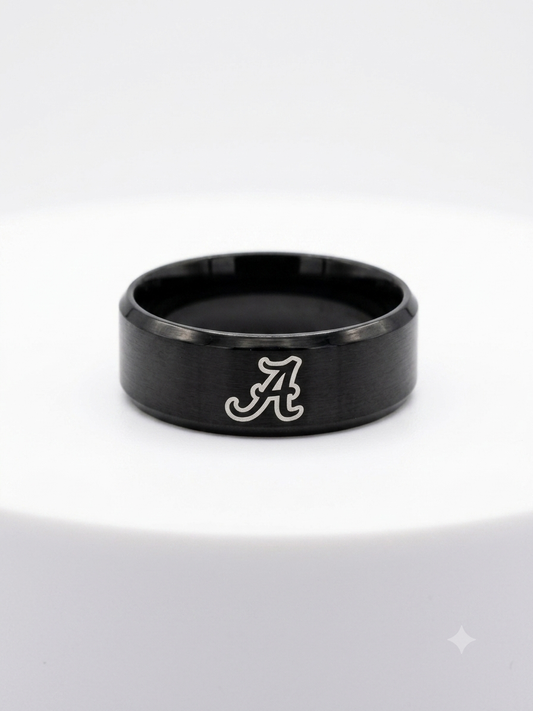 Crimson Classic: Men's Matte Black "Script A" Laser-Engraved Band