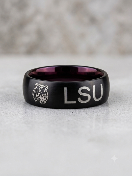 Bayou Boldness: Men's Matte Black & Purple "LSU Tigers" Laser-Engraved Band