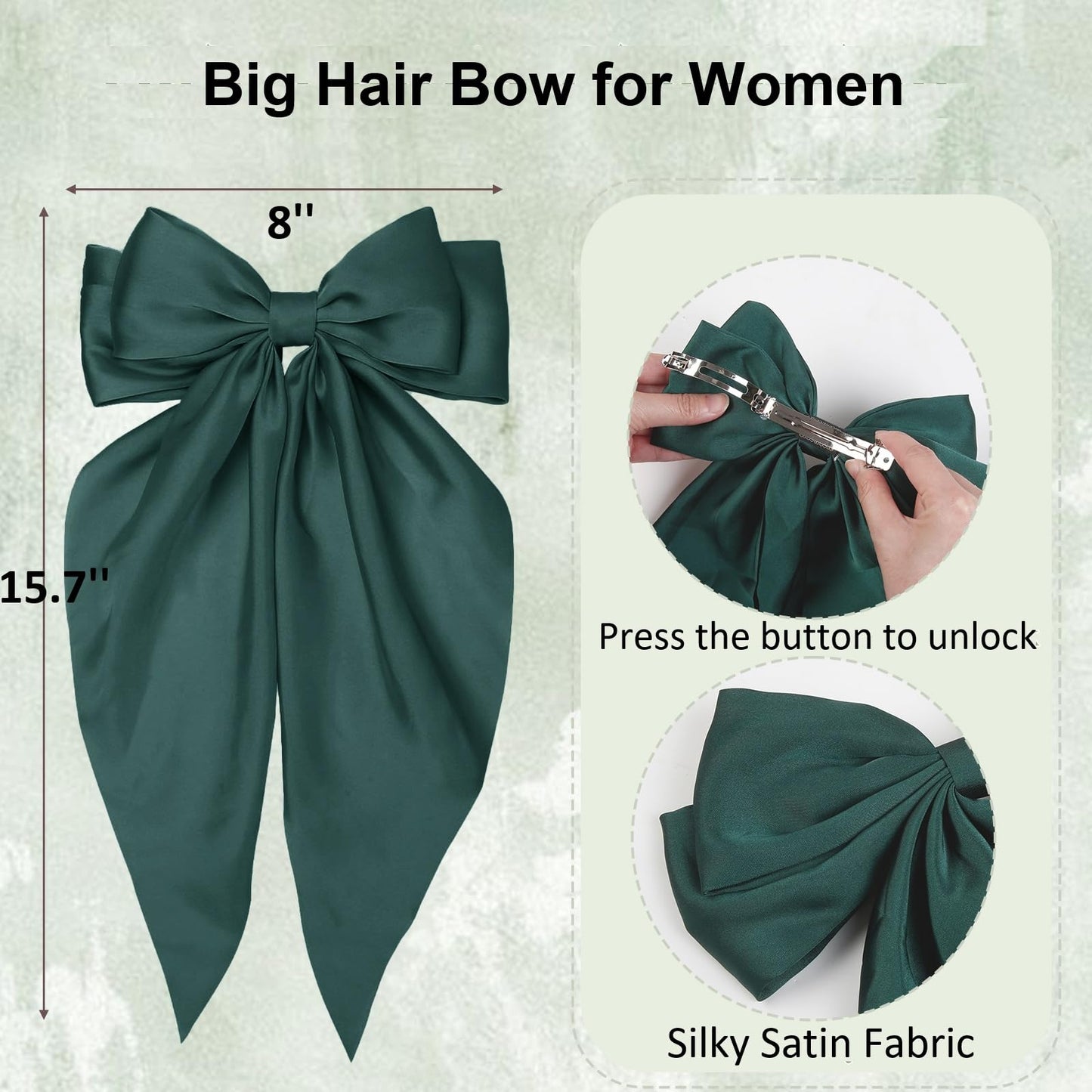 Large Hair Bow, Silky Satin Bowknot Hair Clip, Oversized Long Tail Hair Ribbon Barrette for Women Girls Ponytail Hair Accessories, Green