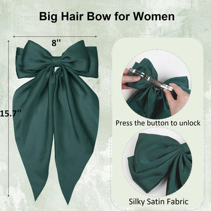 Large Hair Bow, Silky Satin Bowknot Hair Clip, Oversized Long Tail Hair Ribbon Barrette for Women Girls Ponytail Hair Accessories, Green