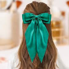 Large Hair Bow, Silky Satin Bowknot Hair Clip, Oversized Long Tail Hair Ribbon Barrette for Women Girls Ponytail Hair Accessories, Green