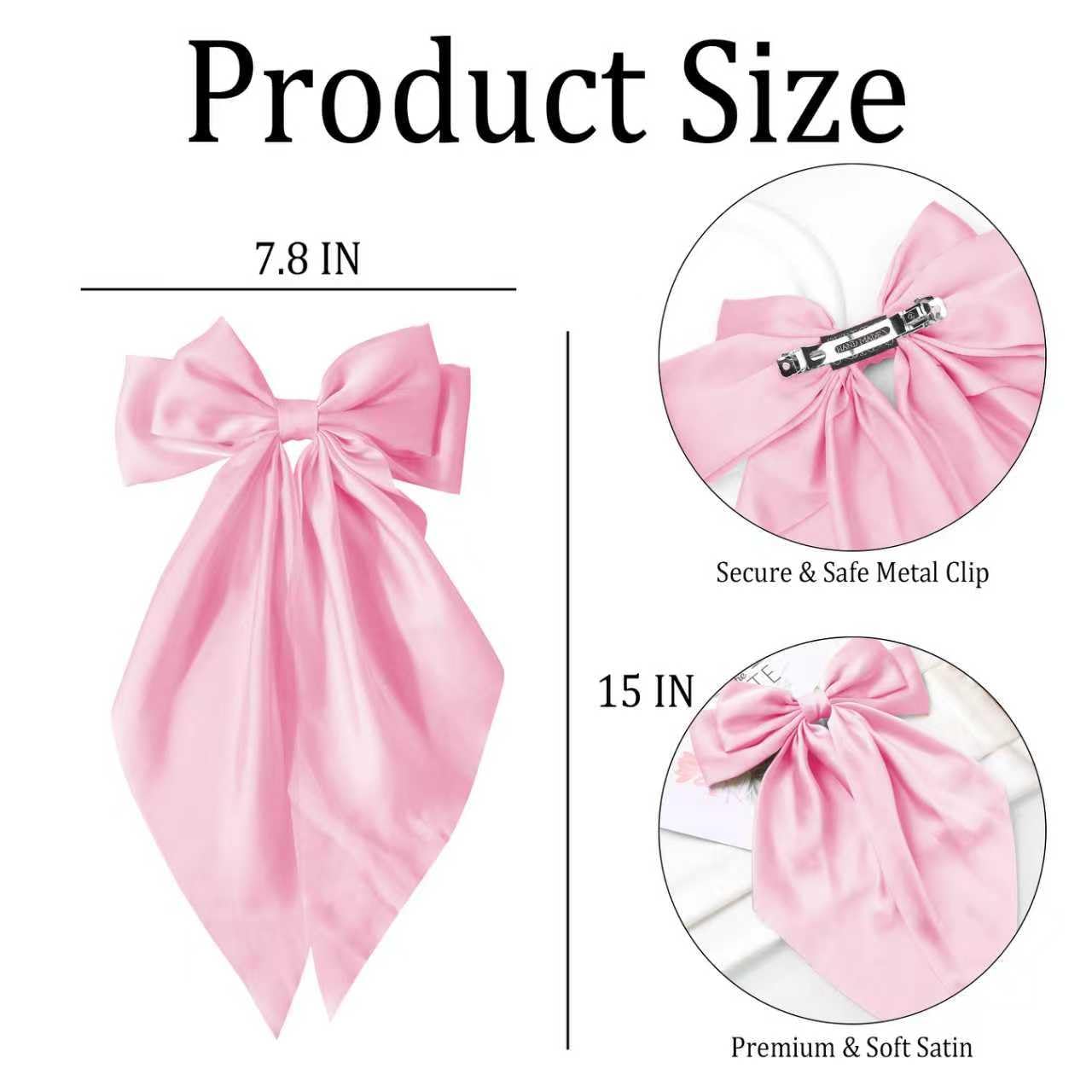 Melyde Large Hair Bow, Silky Satin Bowknot Hair Clip, Oversized Long Tail Hair Ribbon Barrette for Women Girls, Pink