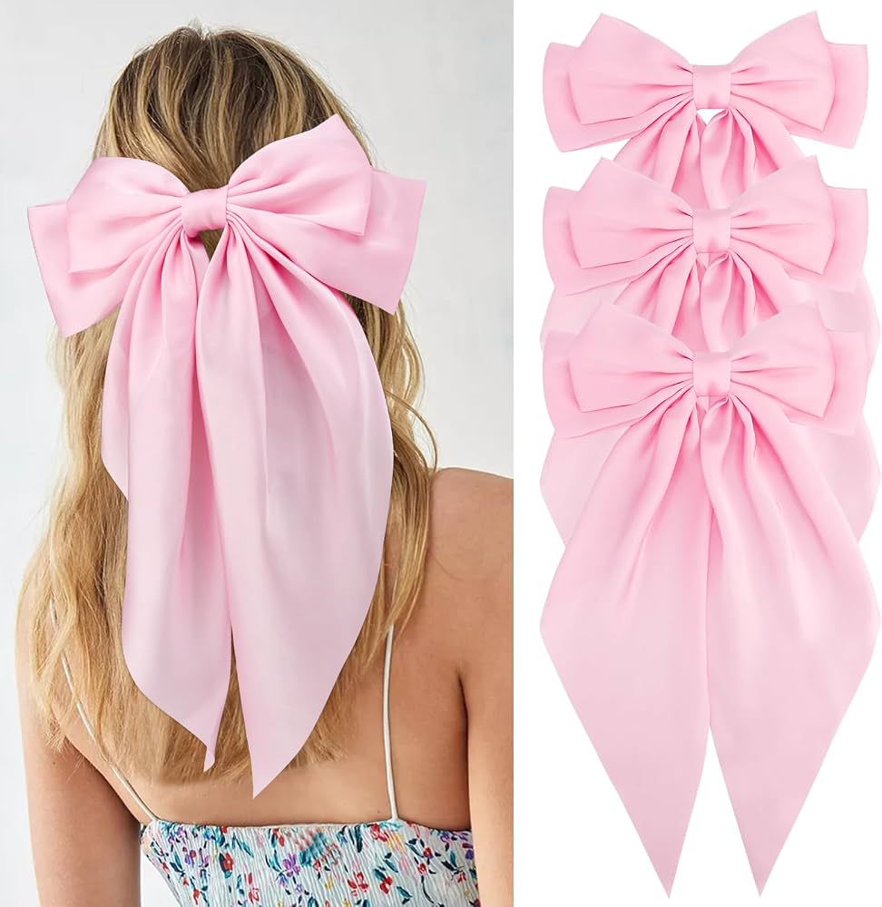Melyde Large Hair Bow, Silky Satin Bowknot Hair Clip, Oversized Long Tail Hair Ribbon Barrette for Women Girls, Pink